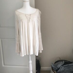 Lace-Up Cream Peasant Tunic with Crochet Details